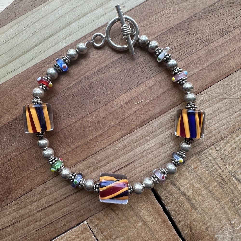 Vintage Italian Beaded Bracelet 6.5 Inch Millefiori Art Glass 925 Sterling 17.5g